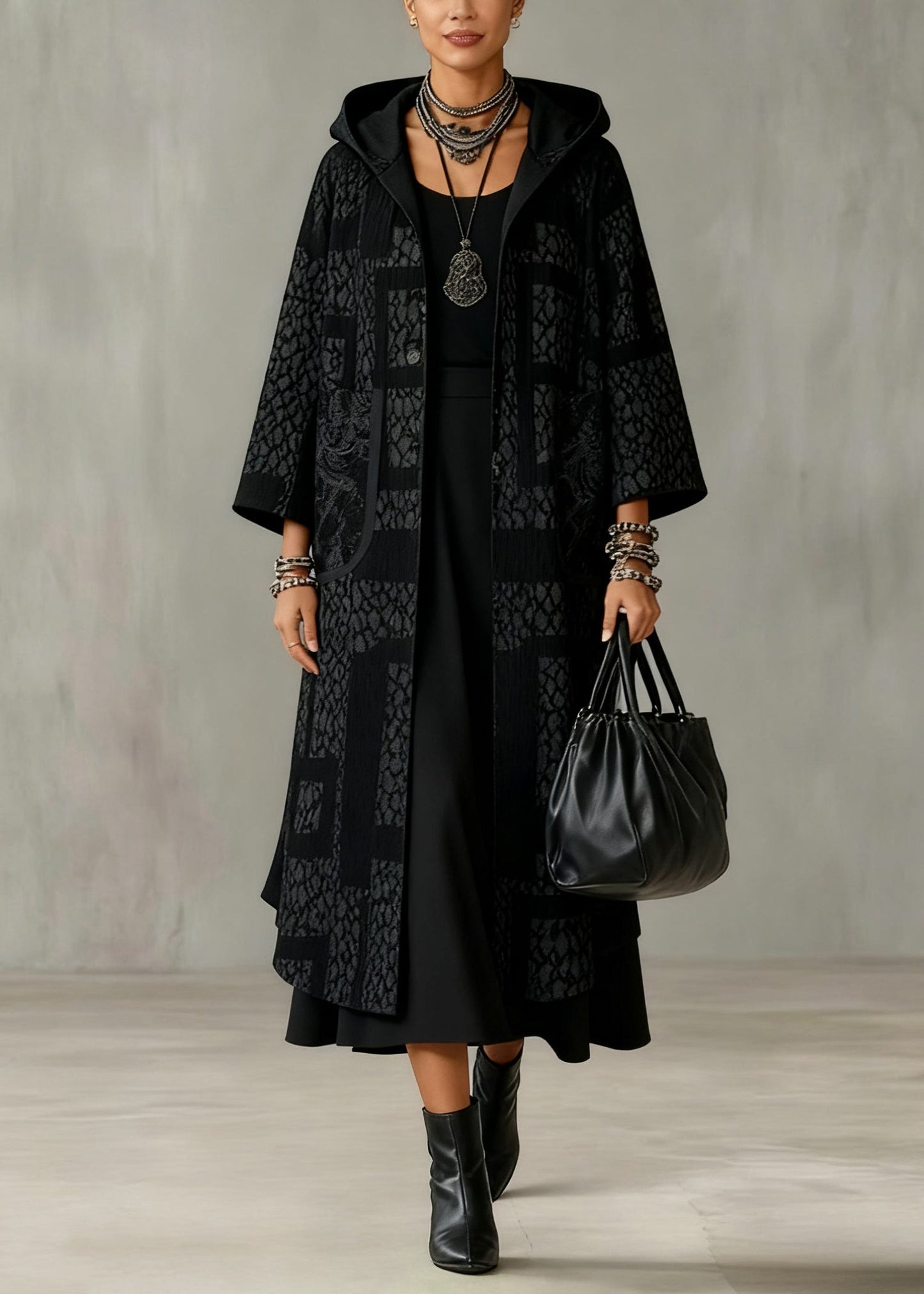 Jacquard Black Hooded Button Pockets Cashmere Long Coats Spring