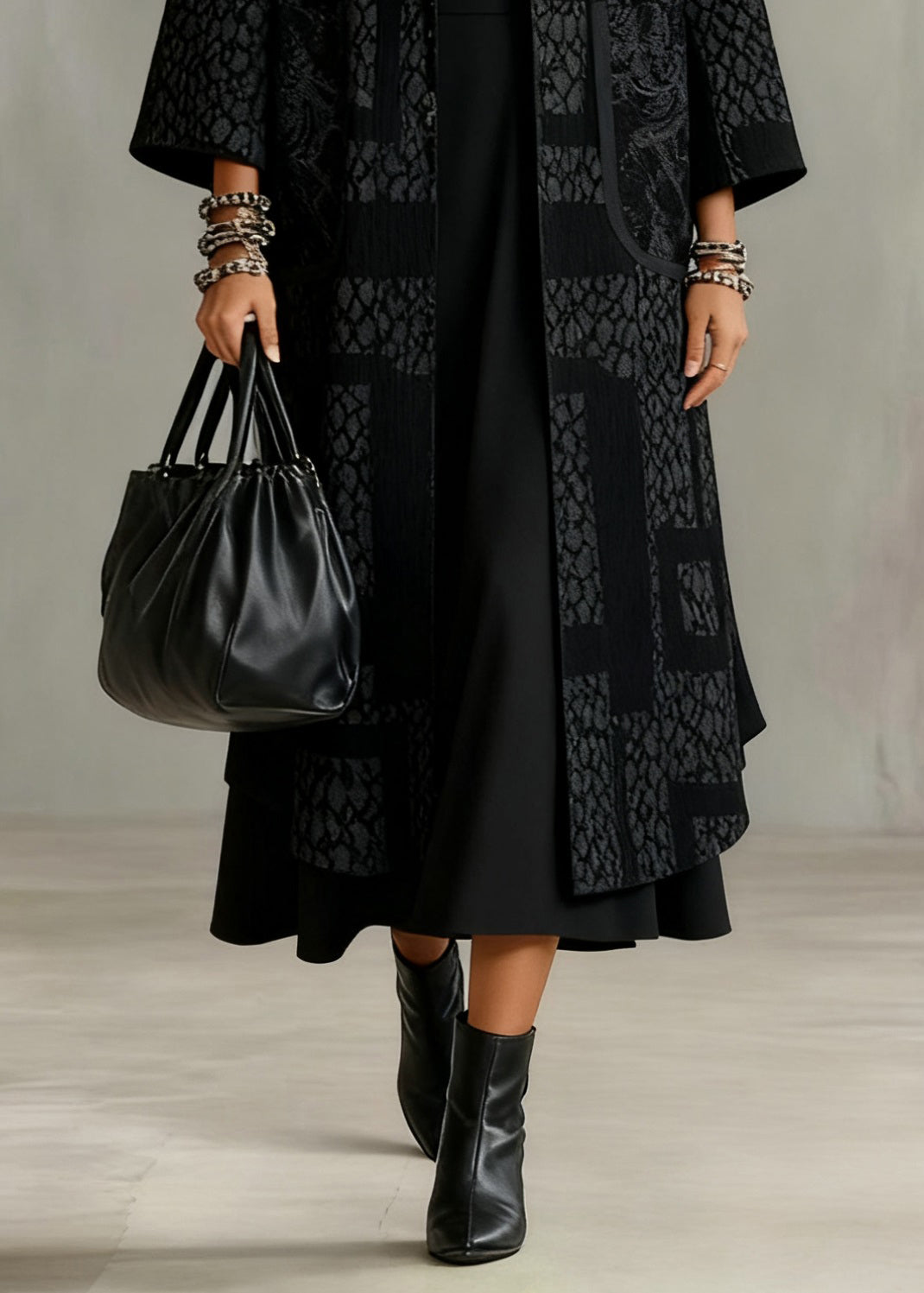 Jacquard Black Hooded Button Pockets Cashmere Long Coats Spring