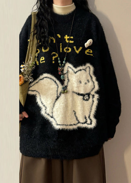 Jacquard Black Kitten Letter Mink Hair Knitted Sweaters Spring