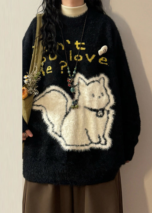 Jacquard Black Kitten Letter Mink Hair Knitted Sweaters Spring