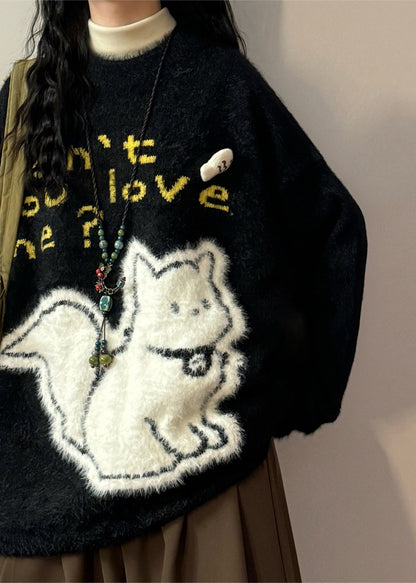 Jacquard Black Kitten Letter Mink Hair Knitted Sweaters Spring
