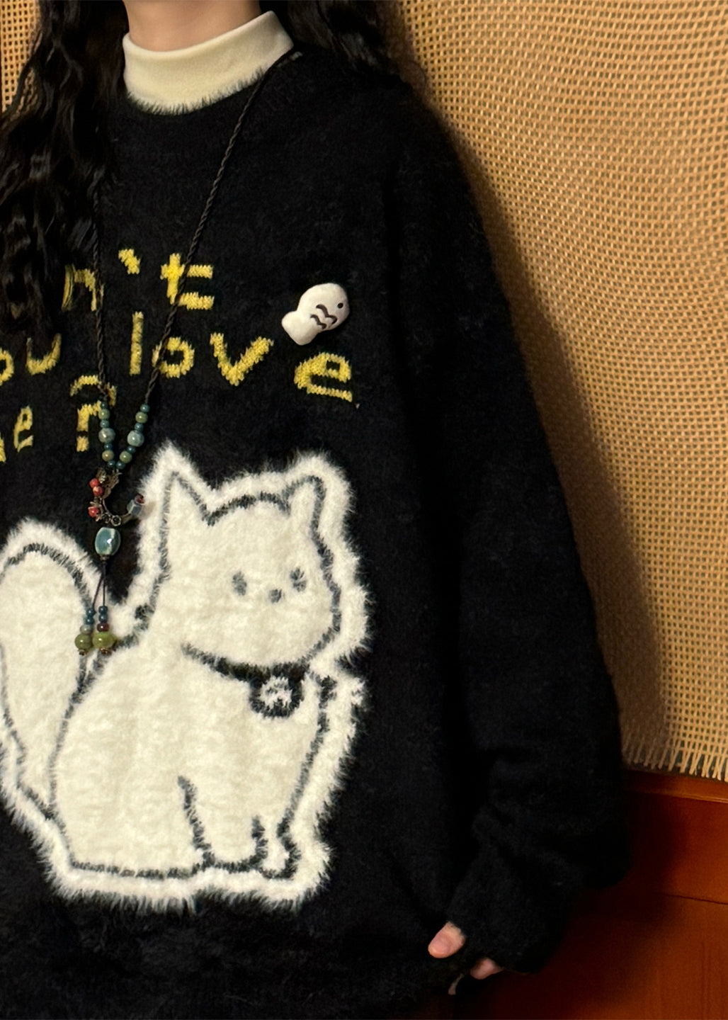 Jacquard Black Kitten Letter Mink Hair Knitted Sweaters Spring