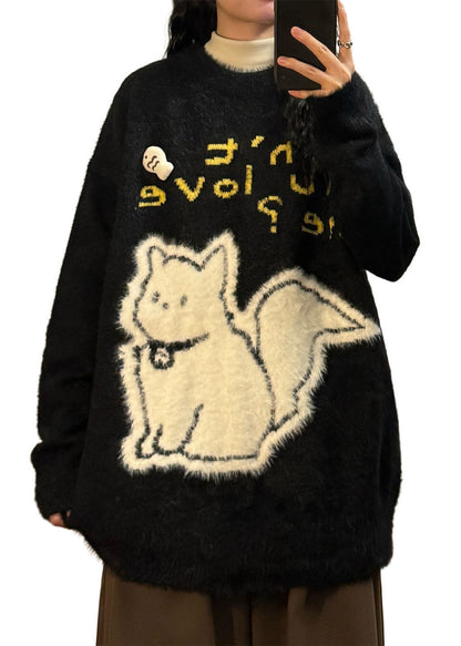 Jacquard Black Kitten Letter Mink Hair Knitted Sweaters Spring