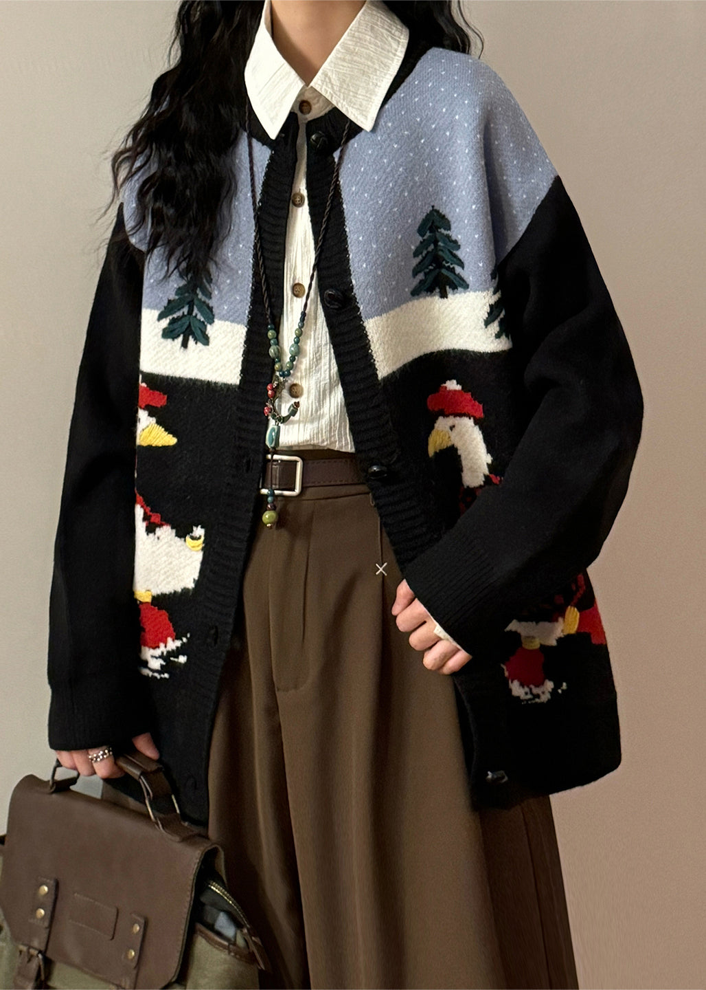 Jacquard Black O Neck Button Patchwork Knit Coats Spring