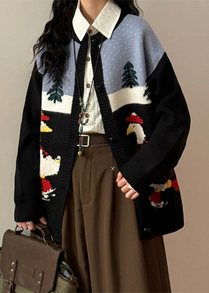 Jacquard Black O Neck Button Patchwork Knit Coats Spring