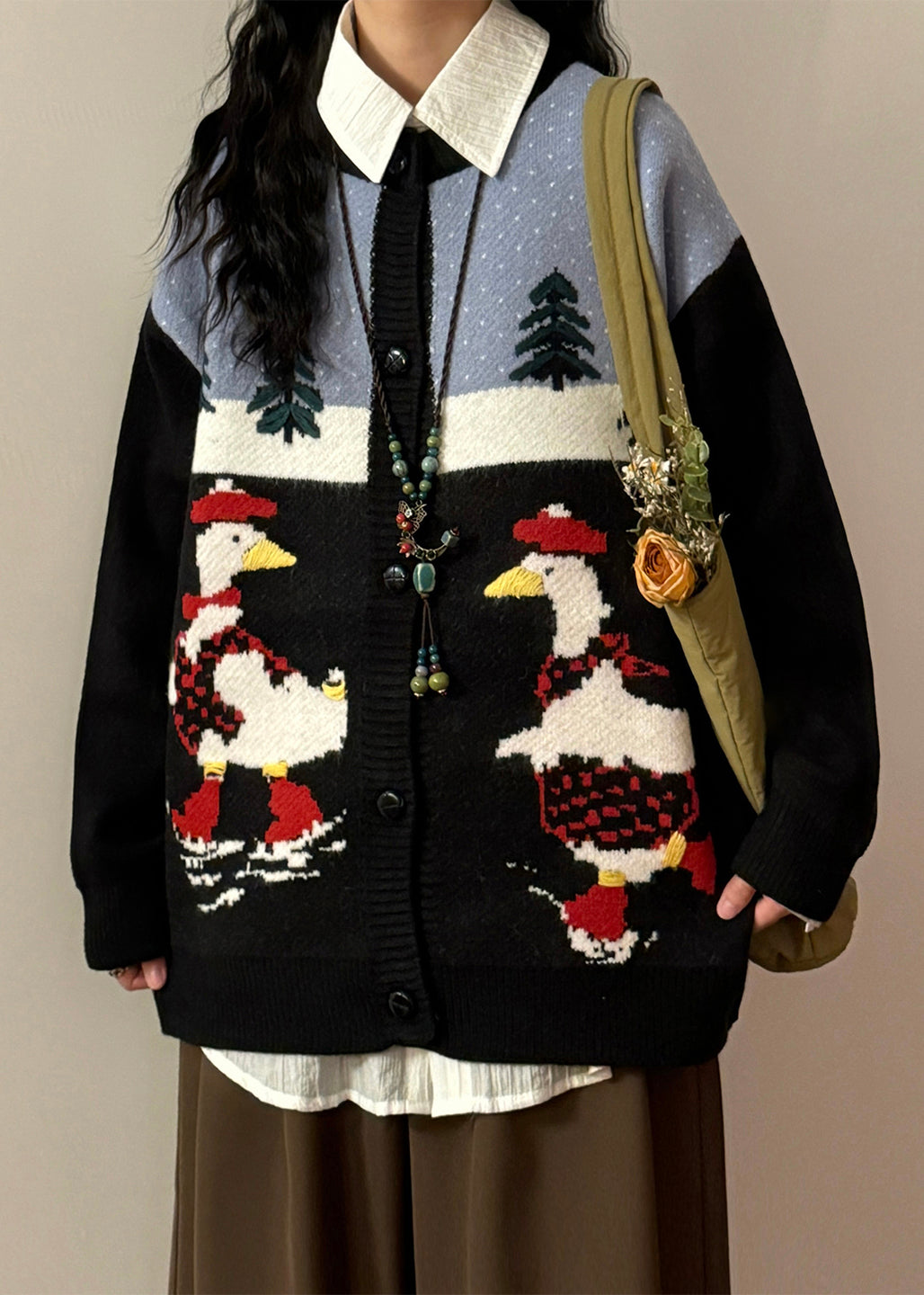 Jacquard Black O Neck Button Patchwork Knit Coats Spring