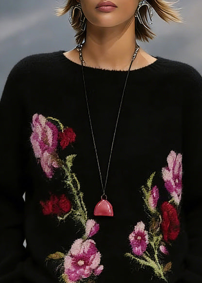 Jacquard Black O-Neck Cotton Knit Sweaters Spring