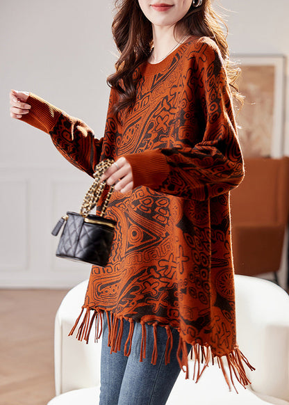 Jacquard Black O Neck Tasseled Knit Sweater Spring