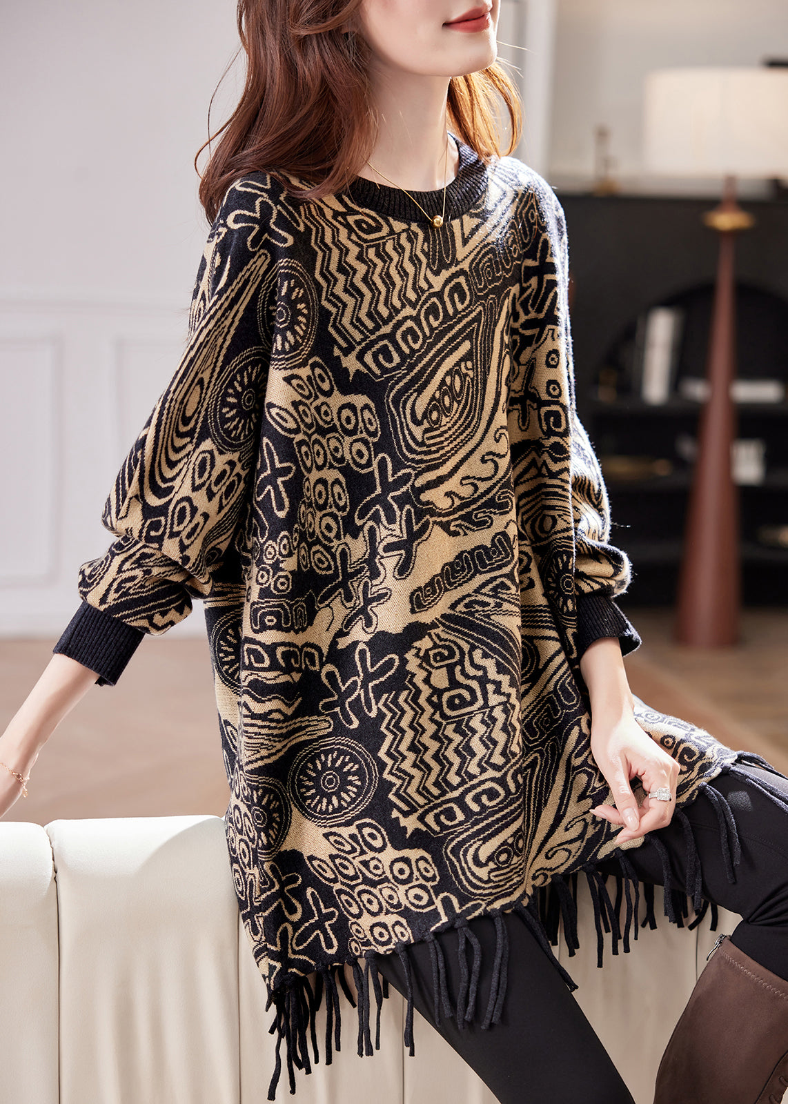 Jacquard Black O Neck Tasseled Knit Sweater Spring