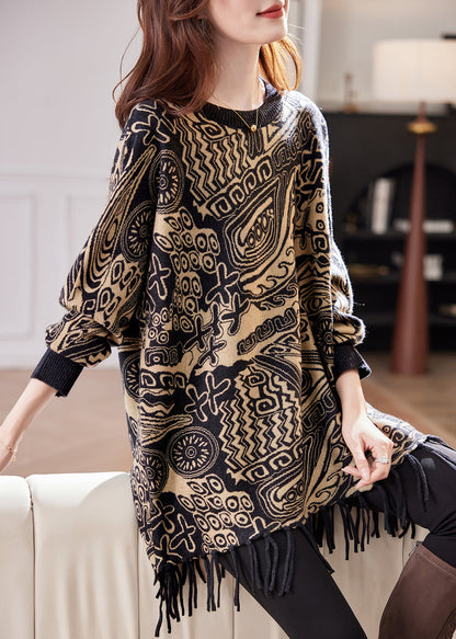 Jacquard Black O Neck Tasseled Knit Sweater Spring