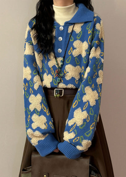 Jacquard Black Peter Pan Collar Button Cozy Knit Sweater Spring