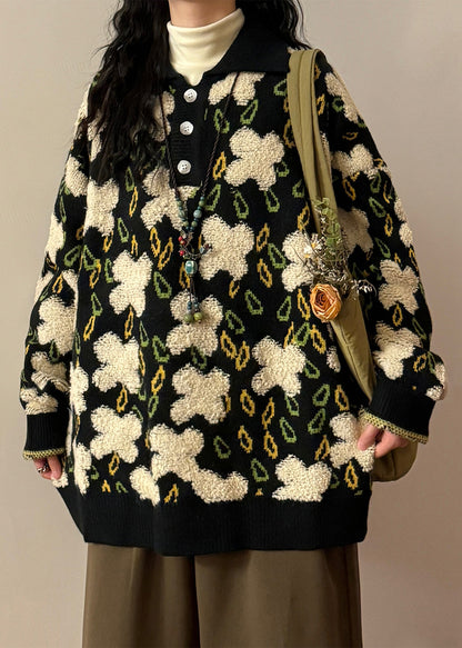 Jacquard Black Peter Pan Collar Button Cozy Knit Sweater Spring