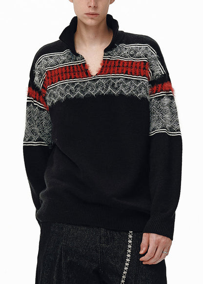 Jacquard Black Peter Pan Collar Patchwork Knit Men Sweater Winter