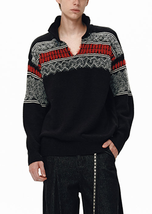 Jacquard Black Peter Pan Collar Patchwork Knit Men Sweater Winter
