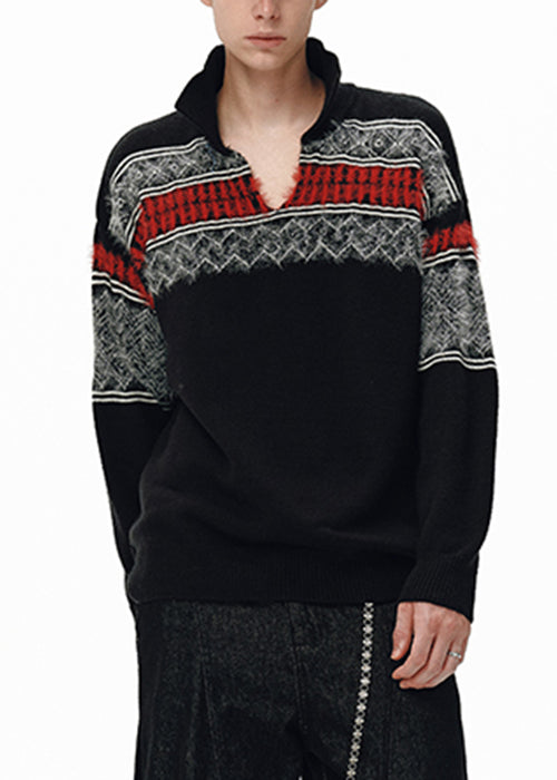 Jacquard Black Peter Pan Collar Patchwork Knit Men Sweater Winter