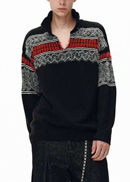 Jacquard Black Peter Pan Collar Patchwork Knit Men Sweater Winter