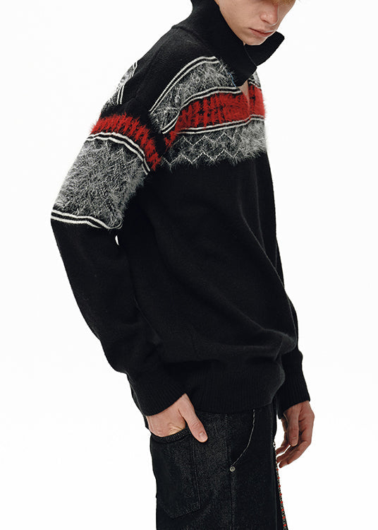 Jacquard Black Peter Pan Collar Patchwork Knit Men Sweater Winter