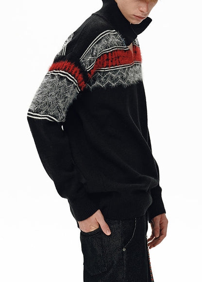 Jacquard Black Peter Pan Collar Patchwork Knit Men Sweater Winter