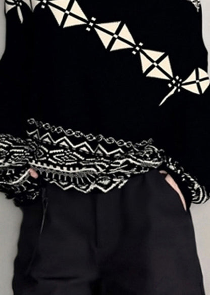 Jacquard Black Plaid Cozy Knit Sweater Fall