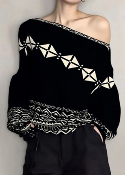 Jacquard Black Plaid Cozy Knit Sweater Fall