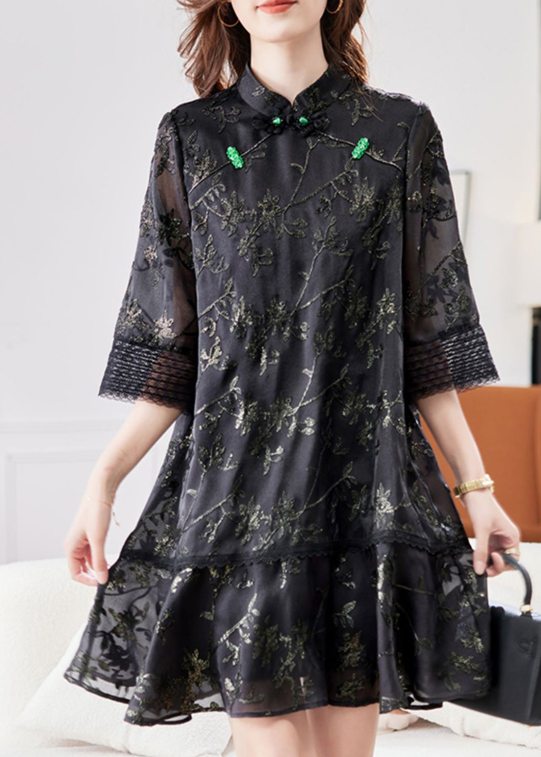 Jacquard Black Stand Collar Patchwork Tulle Mid Dress Half Sleeve
