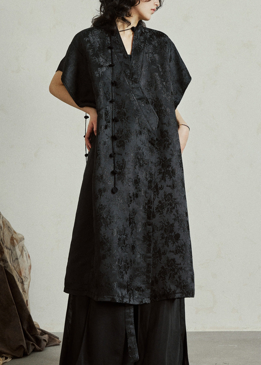 Jacquard Black Tie Waist Solid Silk Maxi Dress Summer