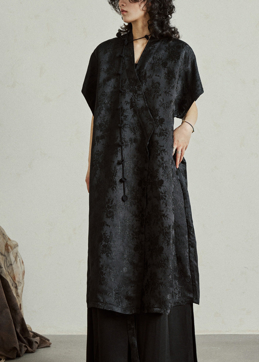 Jacquard Black Tie Waist Solid Silk Maxi Dress Summer