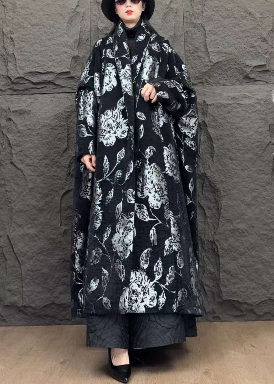 Jacquard Black V Neck Pockets Loose Parkas Winter