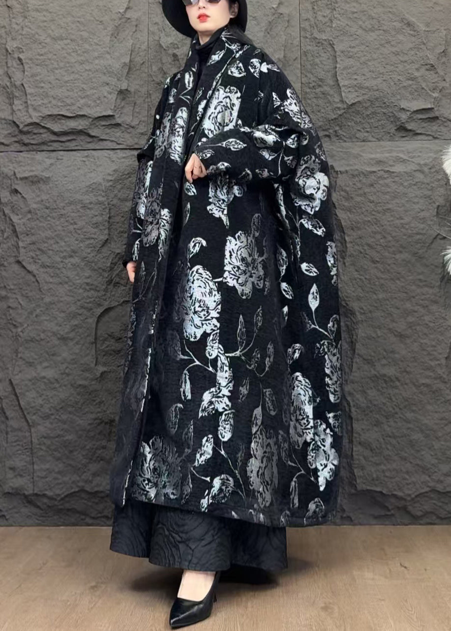 Jacquard Black V Neck Pockets Loose Parkas Winter