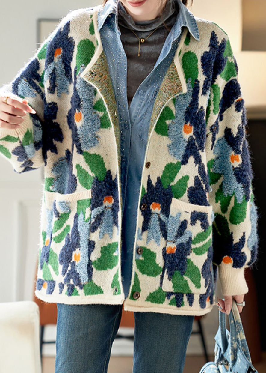 Jacquard Blue Button Pockets Knit Coats Spring