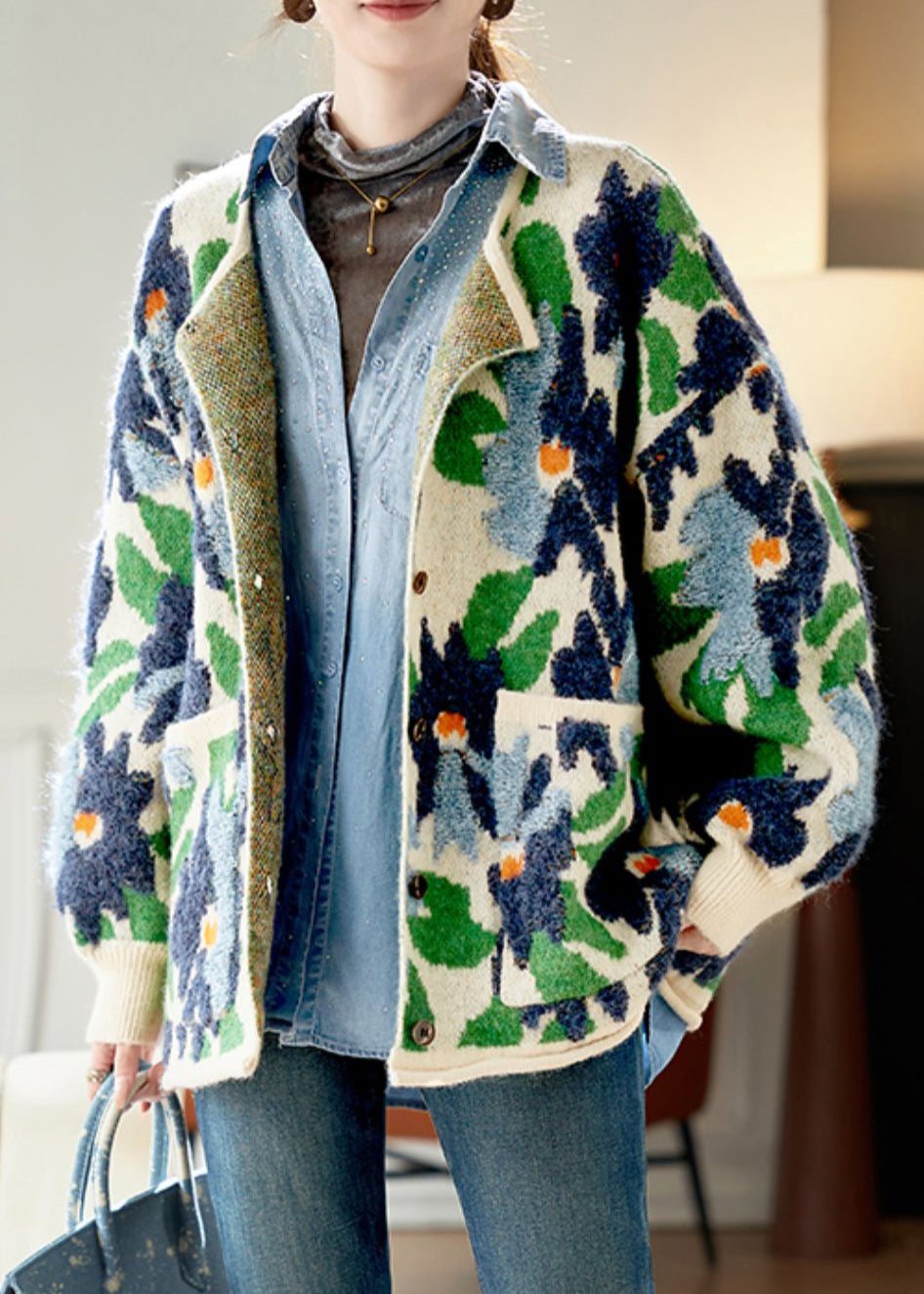 Jacquard Blue Button Pockets Knit Coats Spring