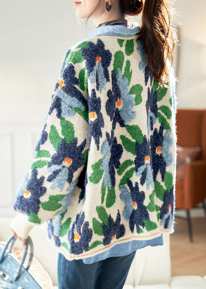 Jacquard Blue Button Pockets Knit Coats Spring