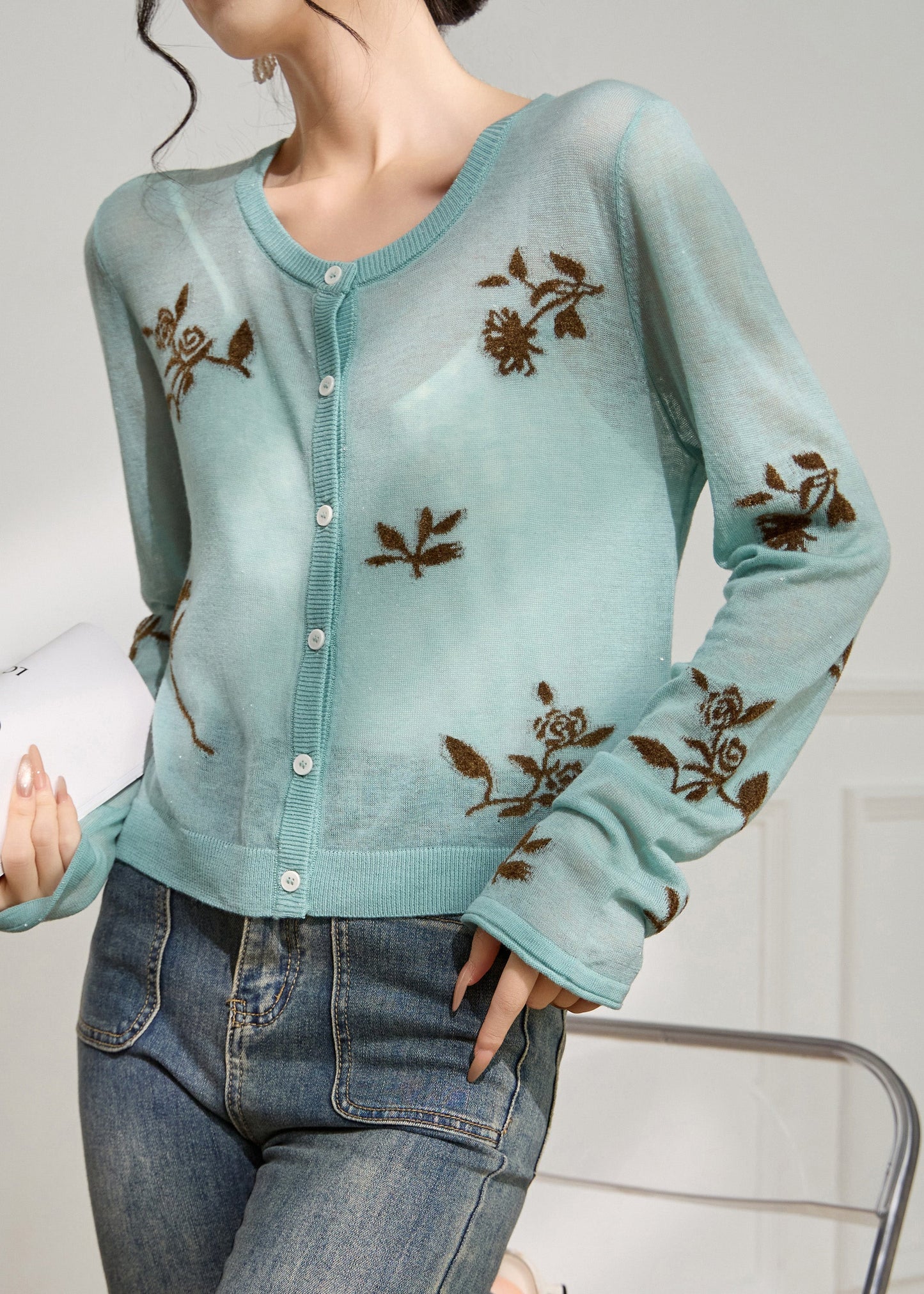 Jacquard Blue O Neck Button Cozy Knit Cardigans Fall