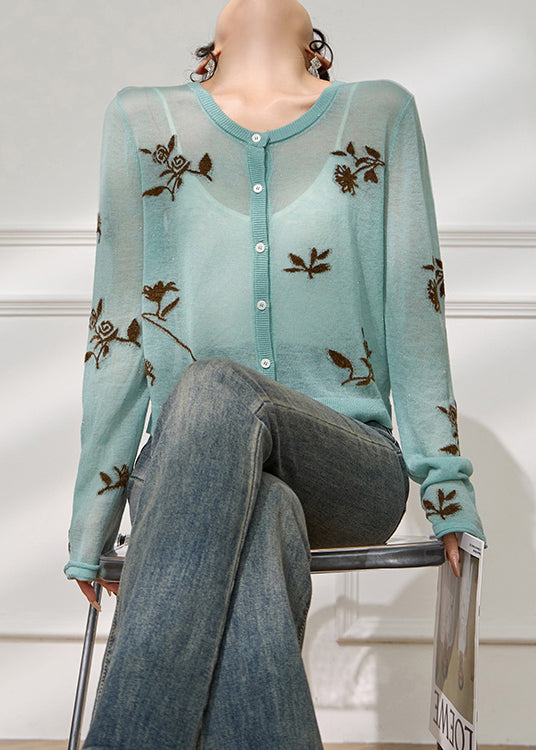 Jacquard Blue O Neck Button Cozy Knit Cardigans Fall