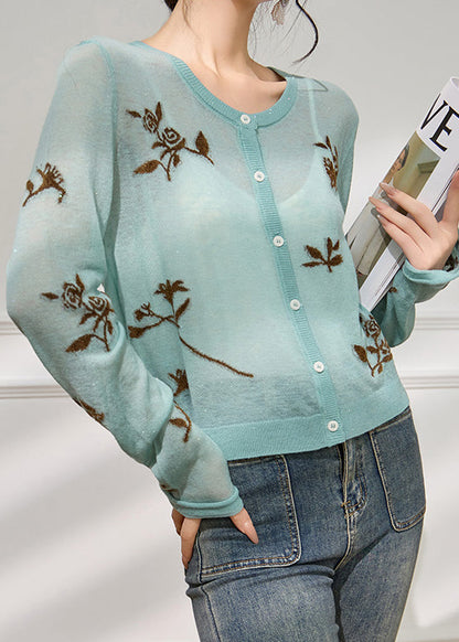 Jacquard Blue O Neck Button Cozy Knit Cardigans Fall