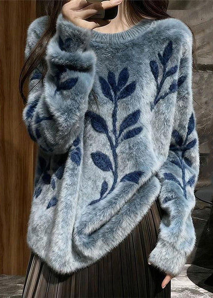 Jacquard Blue O-Neck Cozy Mink Hair Knitted Sweater Spring