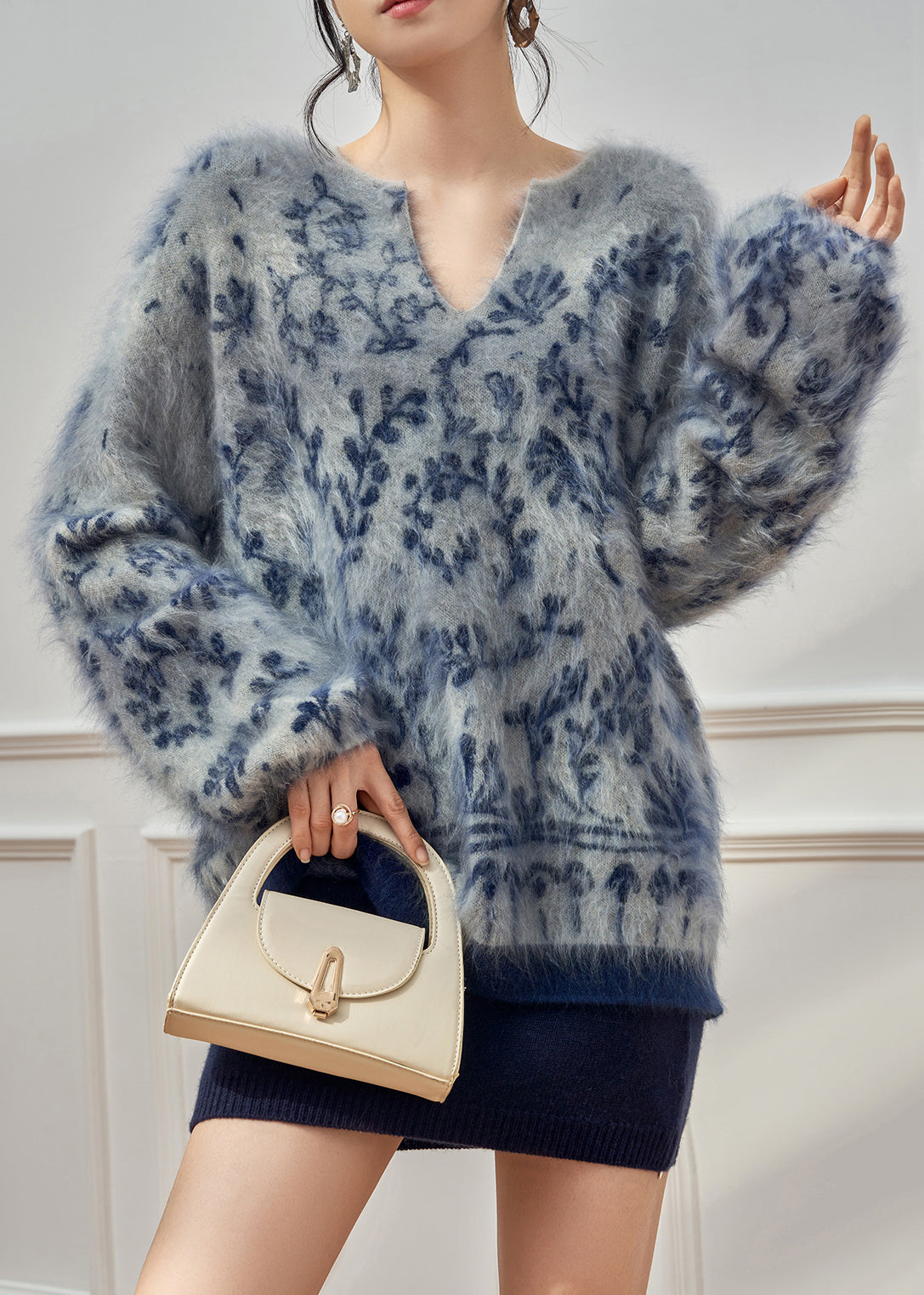 Jacquard Blue V Neck Cozy Knit Sweater Tops Winter