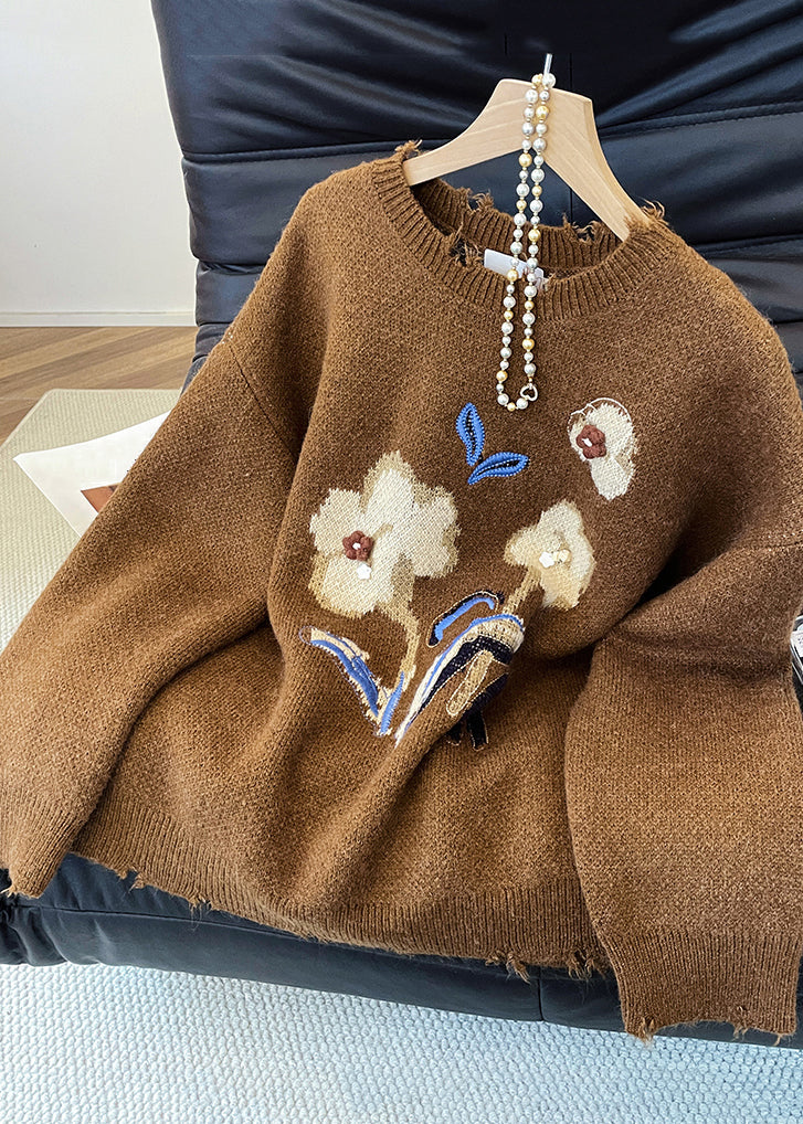 Jacquard Brown Hole Cozy Knit Sweater Winter