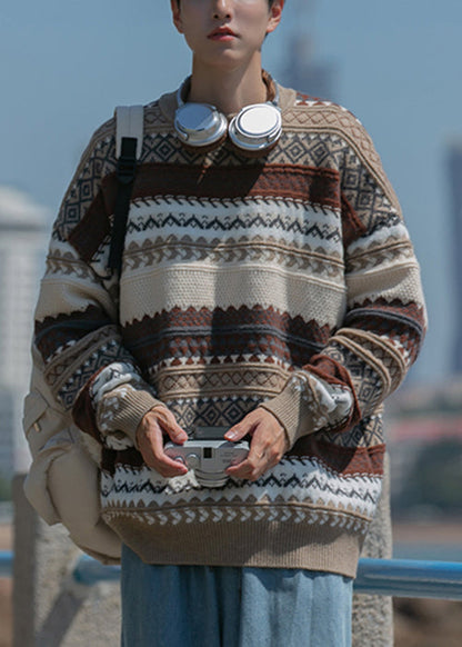 Jacquard Brown O Neck Cozy Knit Men Sweaters Fall