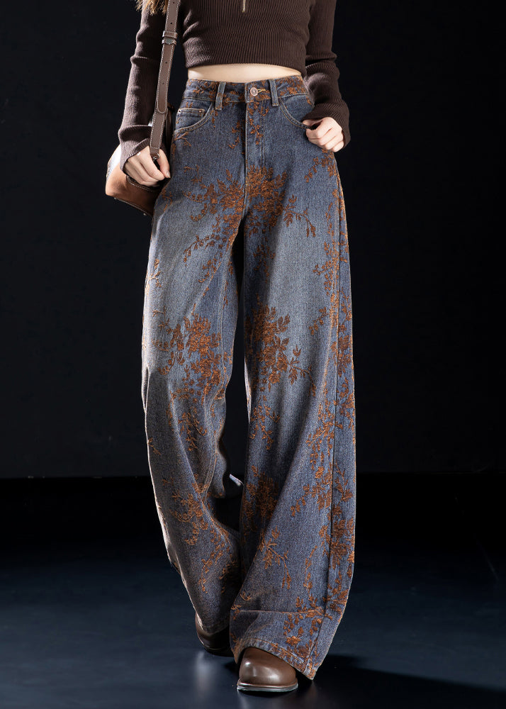 Jacquard Brown Pockets High Waist Denim Wide Leg Pants Spring