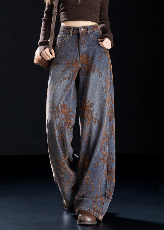 Jacquard Brown Pockets High Waist Denim Wide Leg Pants Spring