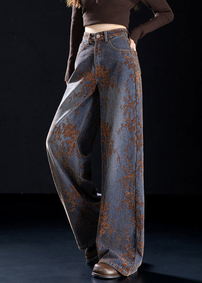 Jacquard Brown Pockets High Waist Denim Wide Leg Pants Spring