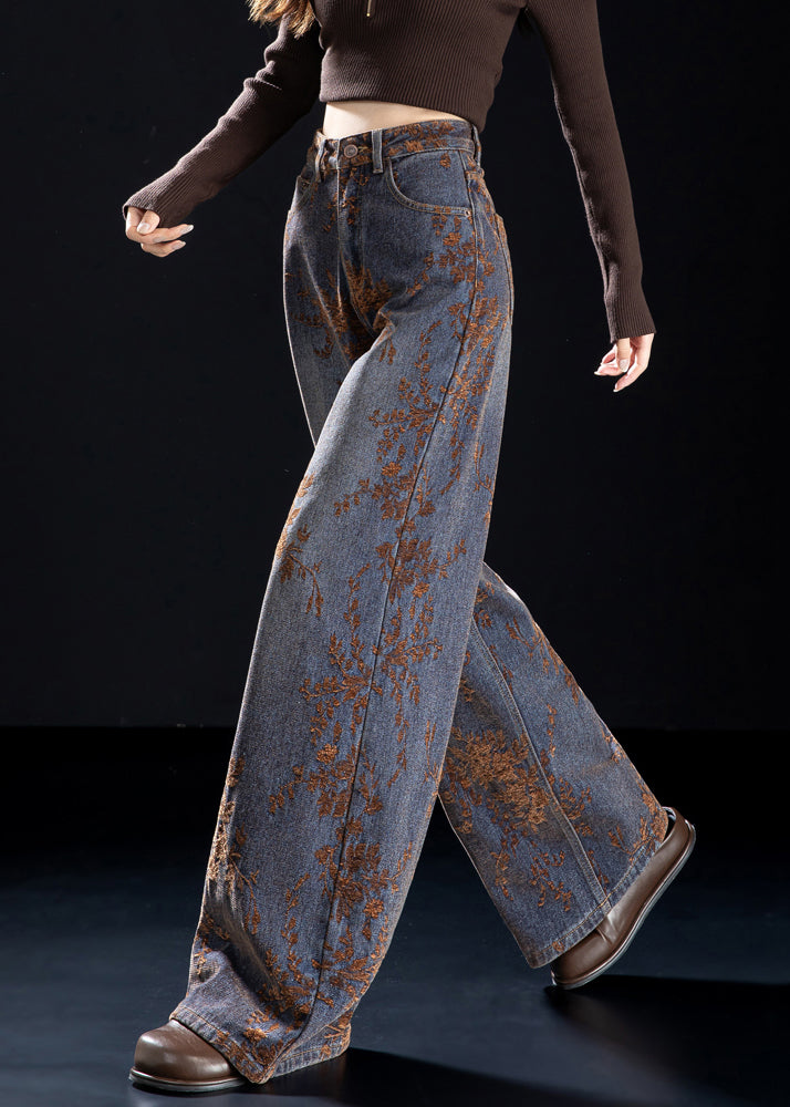 Jacquard Brown Pockets High Waist Denim Wide Leg Pants Spring