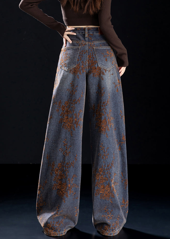Jacquard Brown Pockets High Waist Denim Wide Leg Pants Spring