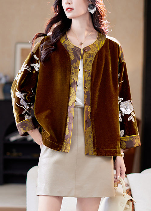 Jacquard Coffee Button Sequins Patchwork Silk Velvet Coats Spring