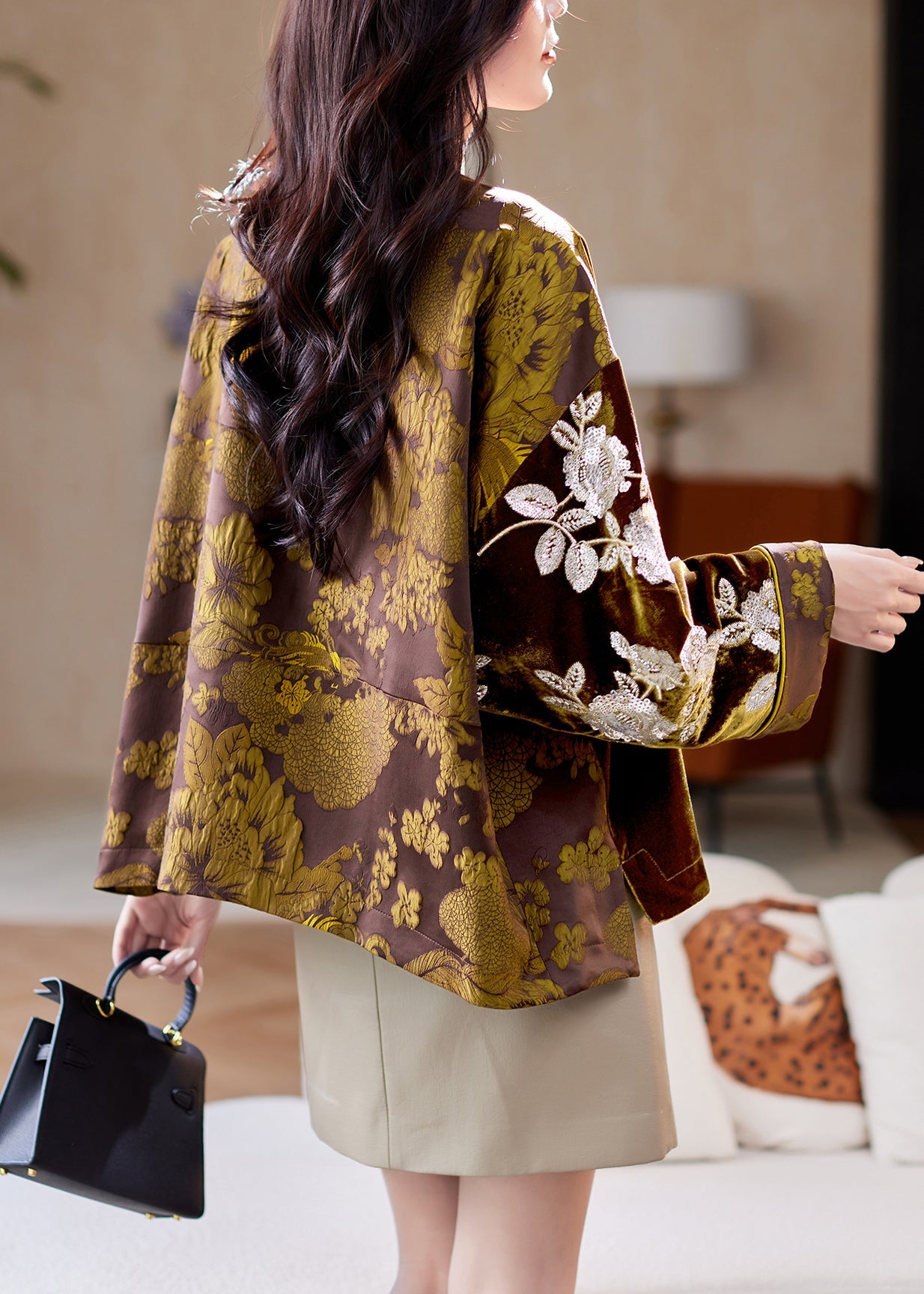 Jacquard Coffee Button Sequins Patchwork Silk Velvet Coats Spring