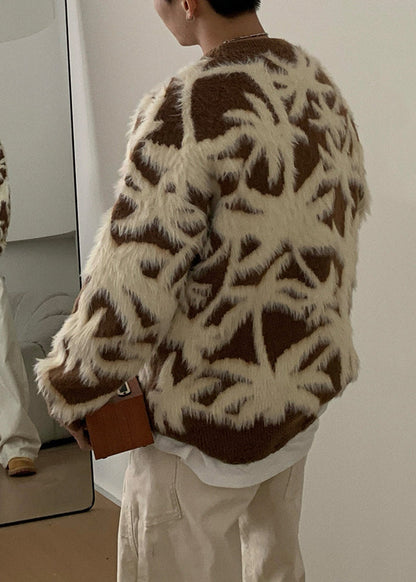 Jacquard Coffee Fluffy Cozy Men Sweaters O Neck Winter