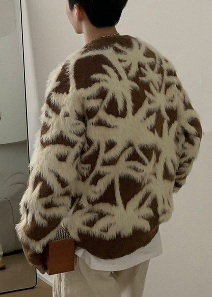 Jacquard Coffee Fluffy Cozy Men Sweaters O Neck Winter