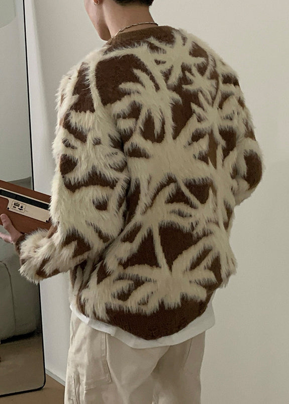 Jacquard Coffee Fluffy Cozy Men Sweaters O Neck Winter