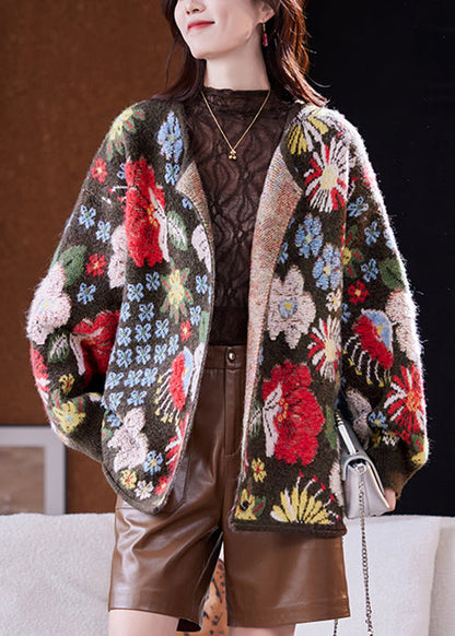 Jacquard Coffee O-Neck Button Patchwork Wool Knit Coat Spring